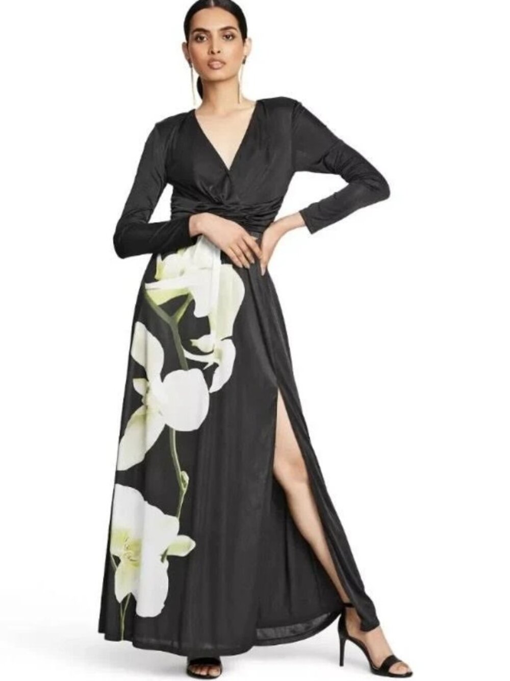 Altuzarra For Target Satin Maxi Wrap Dress, White Orchid Print Long Sleeves